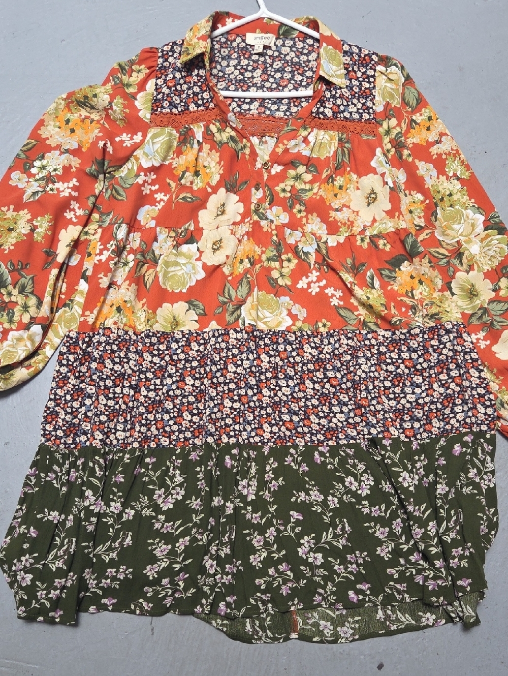UMGEE Babydoll Teir Dress Rust Peasant Top Tunic Boho Floral Paisley Tiered Sz M - Picture 9 of 14